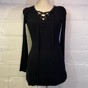 INC International Concepts Black Long Sweater / Dress w Tie Neckline Long Sleeve